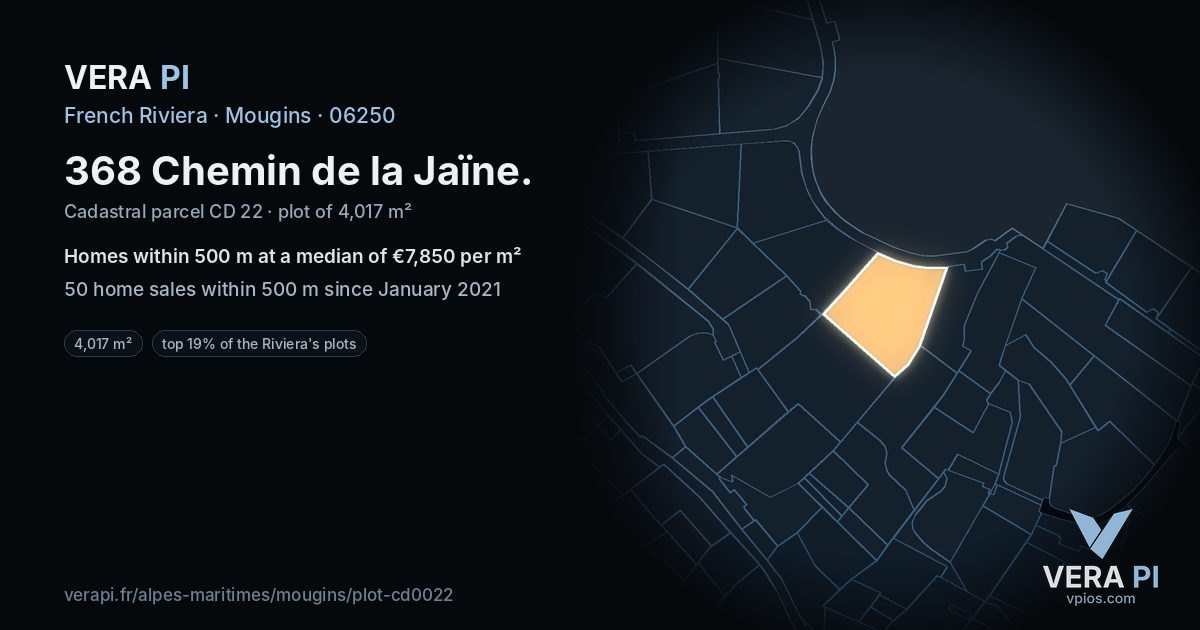 368 Chemin de la Jaïne, Mougins at night – the plot lit, the parcels around coloured by the prices near them