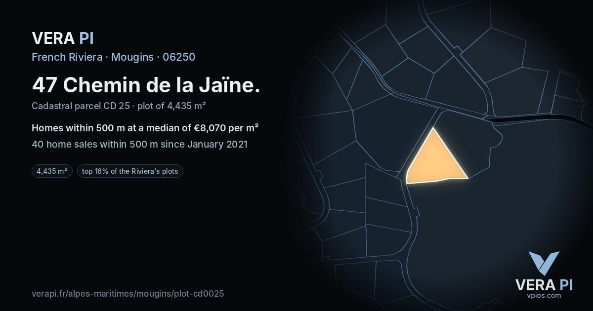 47 Chemin de la Jaïne, Mougins at night – the plot lit, the parcels around coloured by the prices near them