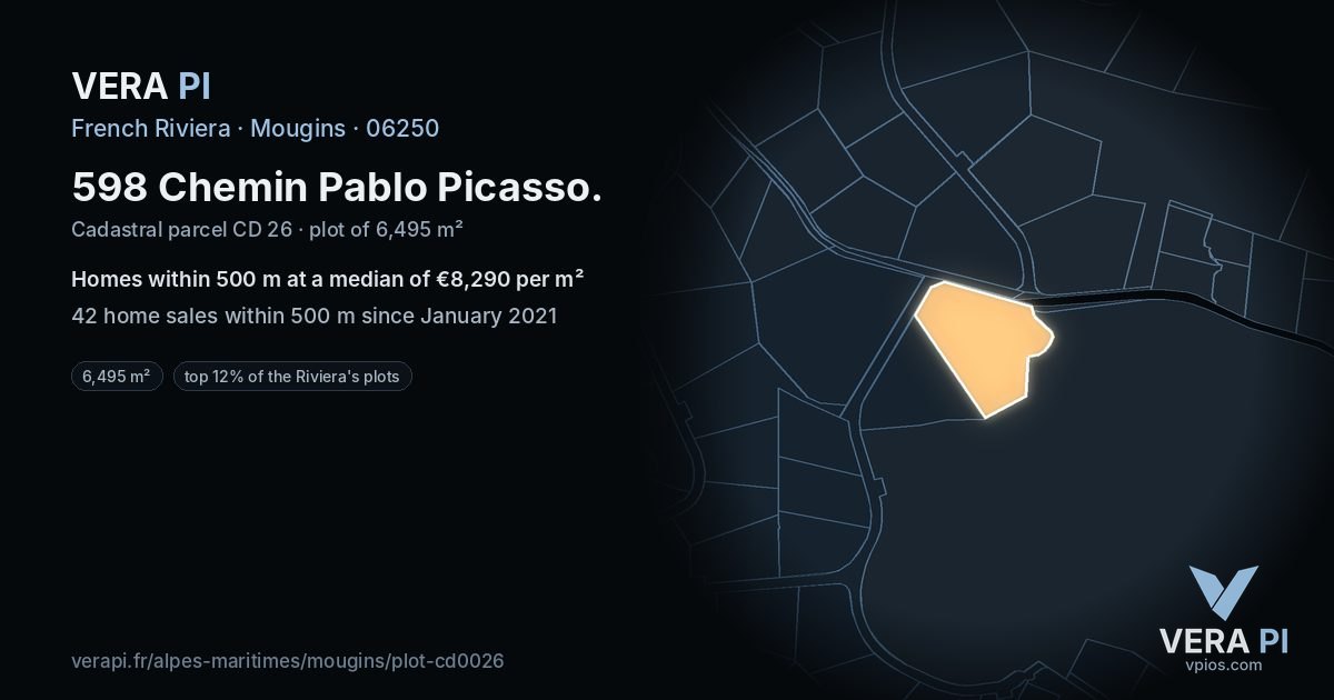 598 Chemin Pablo Picasso, Mougins at night – the plot lit, the parcels around coloured by the prices near them