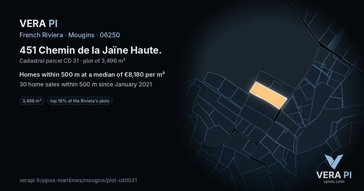 451 Chemin de la Jaïne Haute, Mougins at night – the plot lit, the parcels around coloured by the prices near them