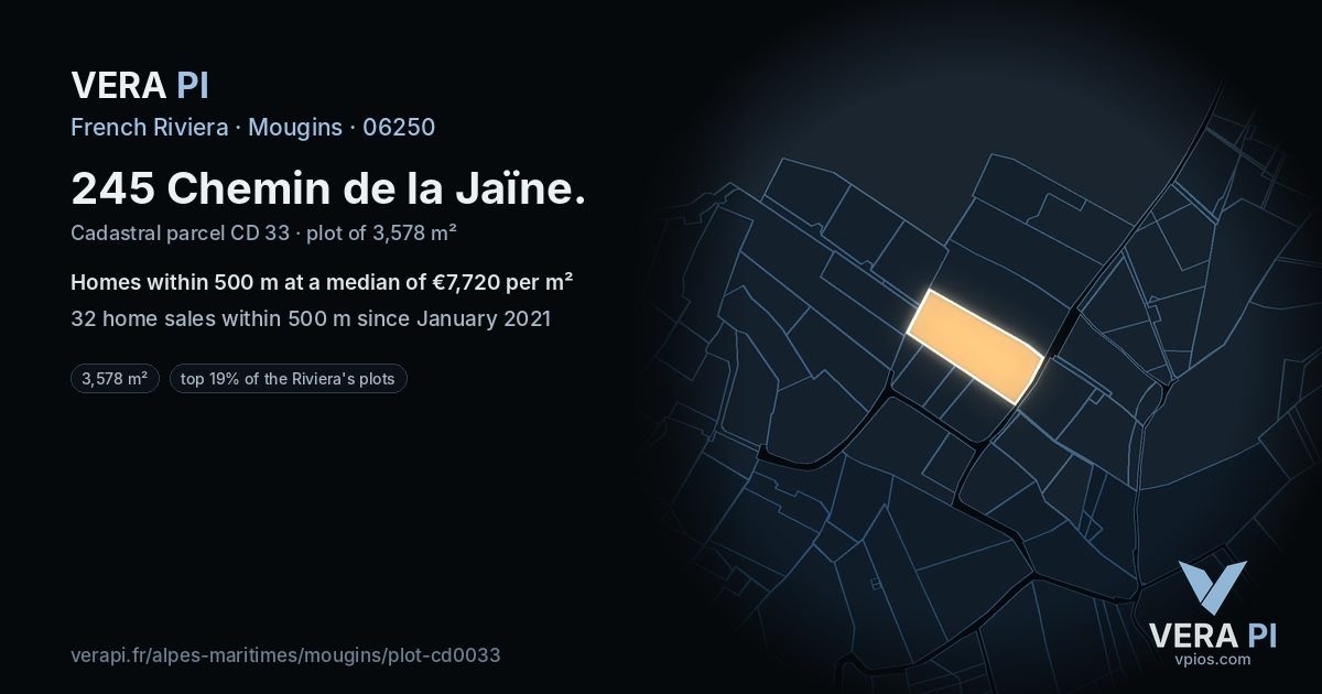 245 Chemin de la Jaïne, Mougins at night – the plot lit, the parcels around coloured by the prices near them
