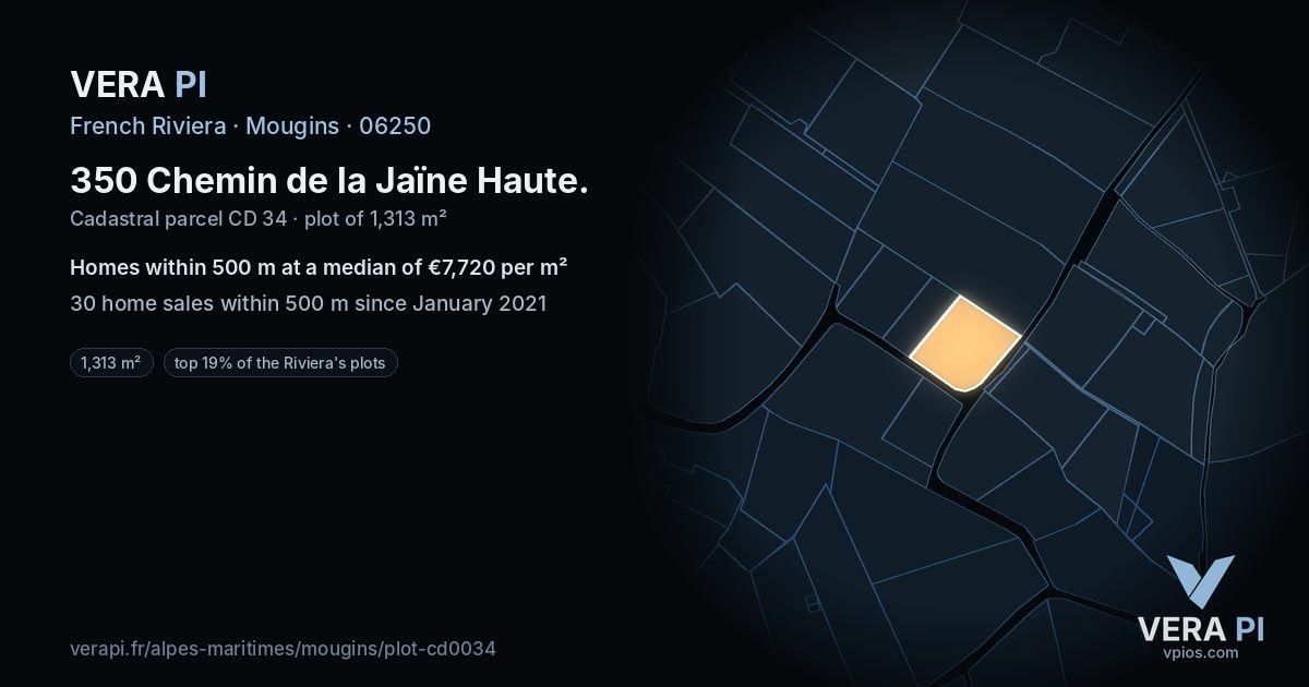 350 Chemin de la Jaïne Haute, Mougins at night – the plot lit, the parcels around coloured by the prices near them