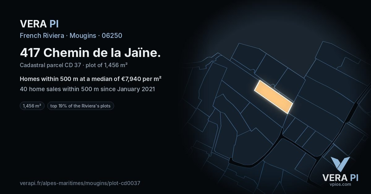 417 Chemin de la Jaïne, Mougins at night – the plot lit, the parcels around coloured by the prices near them