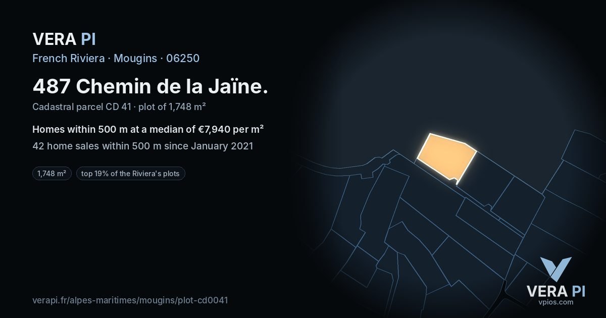 487 Chemin de la Jaïne, Mougins at night – the plot lit, the parcels around coloured by the prices near them