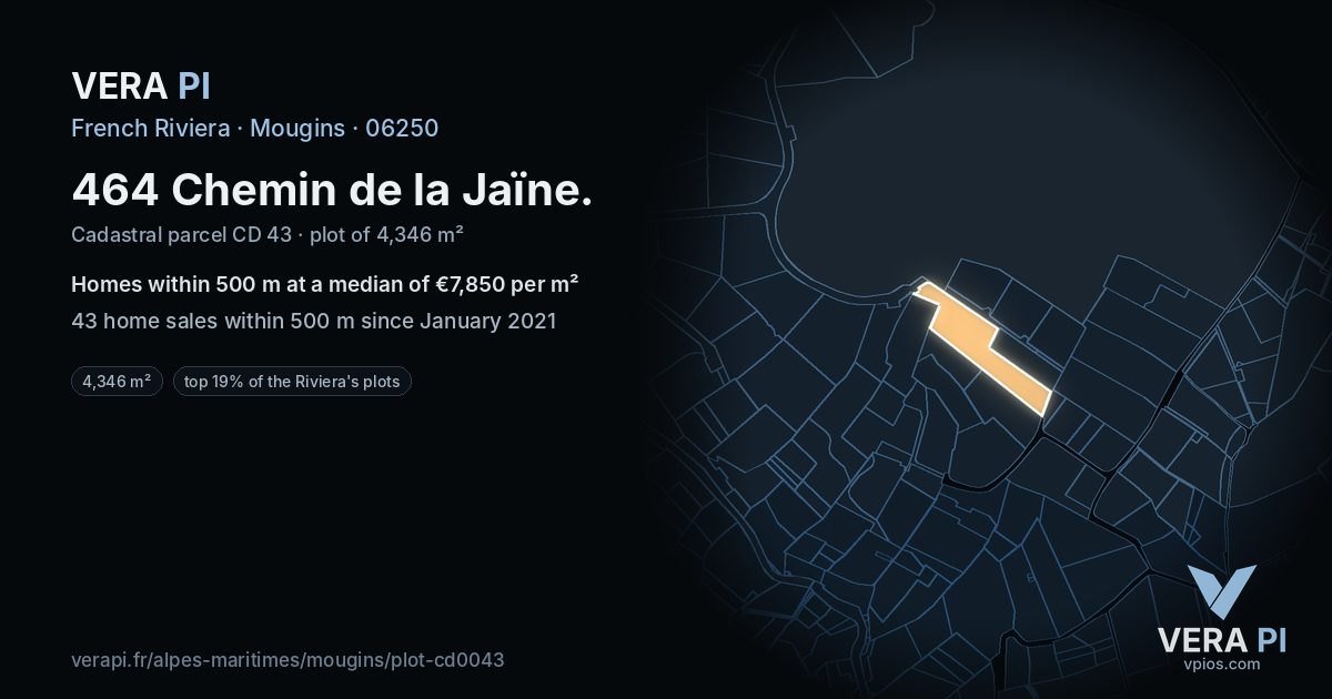 464 Chemin de la Jaïne, Mougins at night – the plot lit, the parcels around coloured by the prices near them