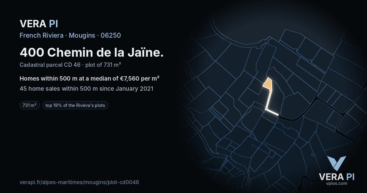 400 Chemin de la Jaïne, Mougins at night – the plot lit, the parcels around coloured by the prices near them