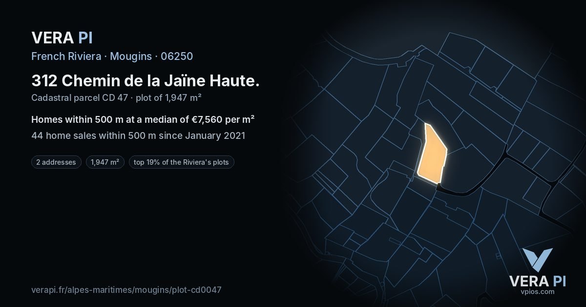 312 Chemin de la Jaïne Haute, Mougins at night – the plot lit, the parcels around coloured by the prices near them