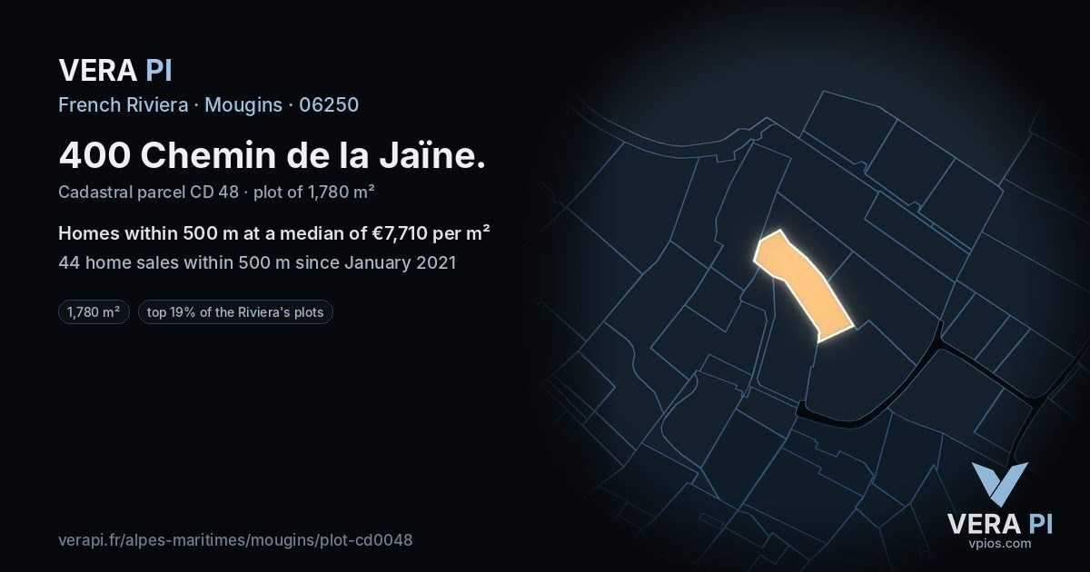 400 Chemin de la Jaïne, Mougins at night – the plot lit, the parcels around coloured by the prices near them