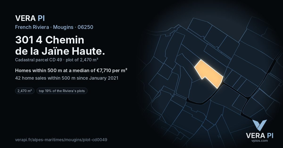 301 4 Chemin de la Jaïne Haute, Mougins at night – the plot lit, the parcels around coloured by the prices near them
