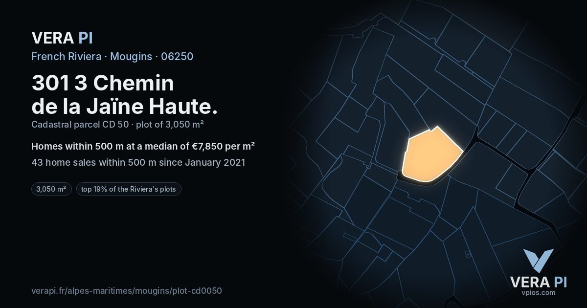 301 3 Chemin de la Jaïne Haute, Mougins at night – the plot lit, the parcels around coloured by the prices near them