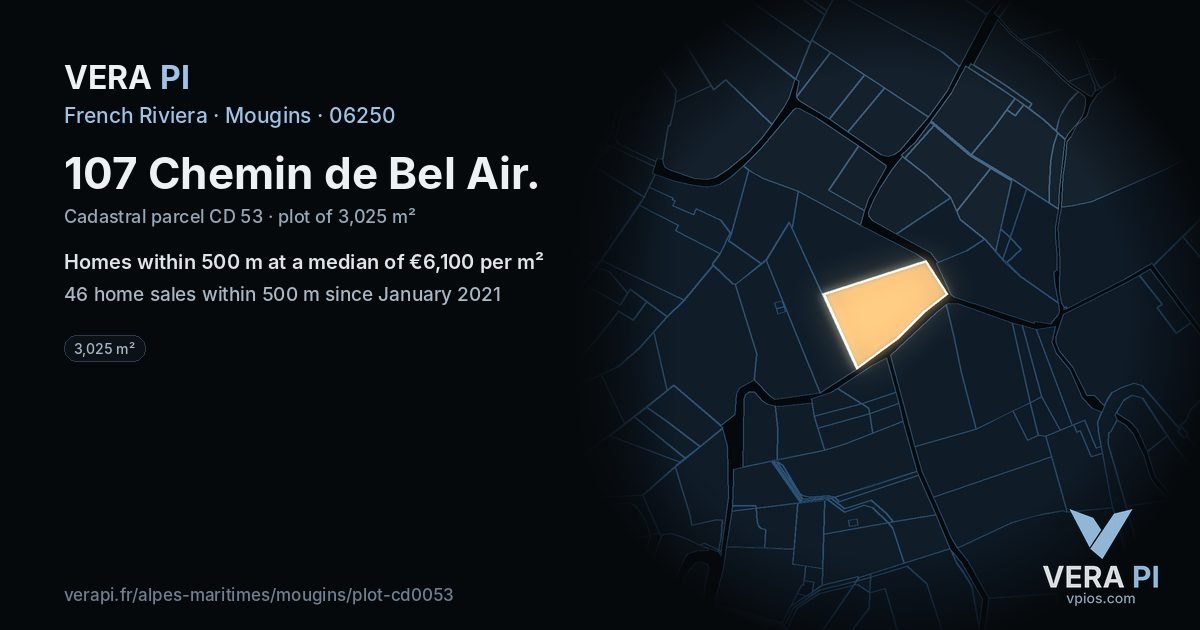 107 Chemin de Bel Air, Mougins at night – the plot lit, the parcels around coloured by the prices near them