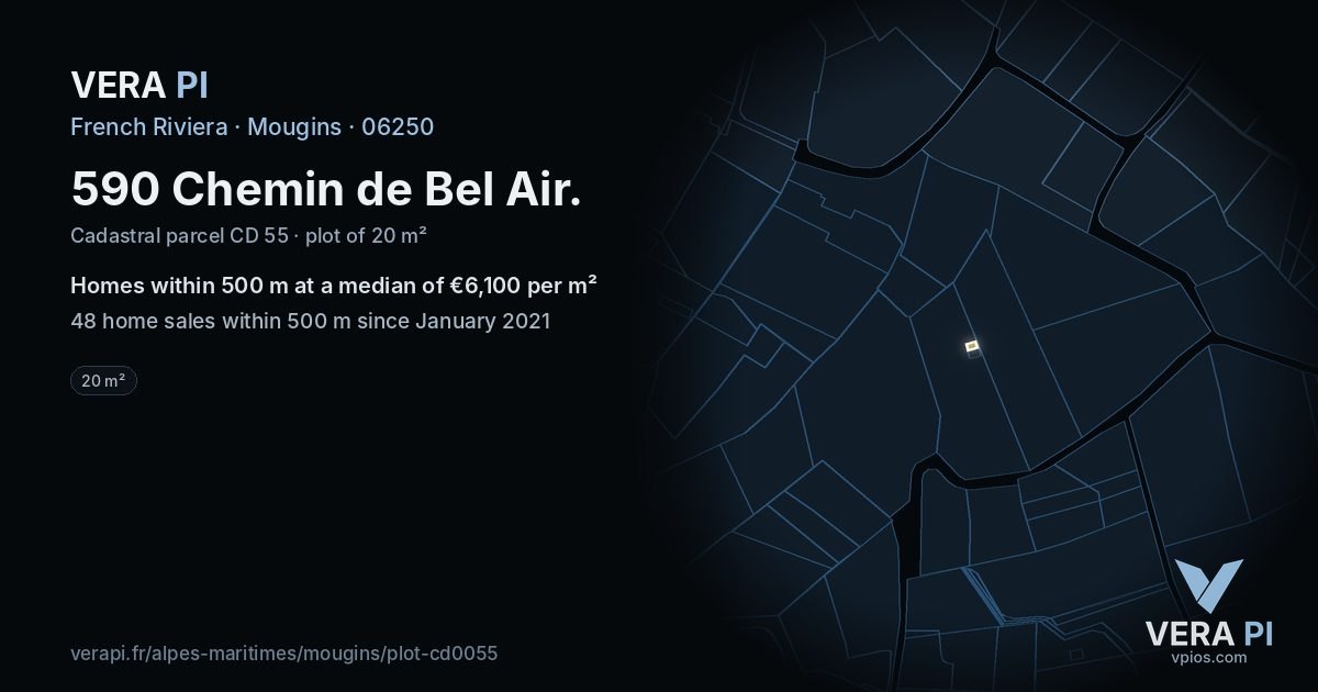 590 Chemin de Bel Air, Mougins at night – the plot lit, the parcels around coloured by the prices near them