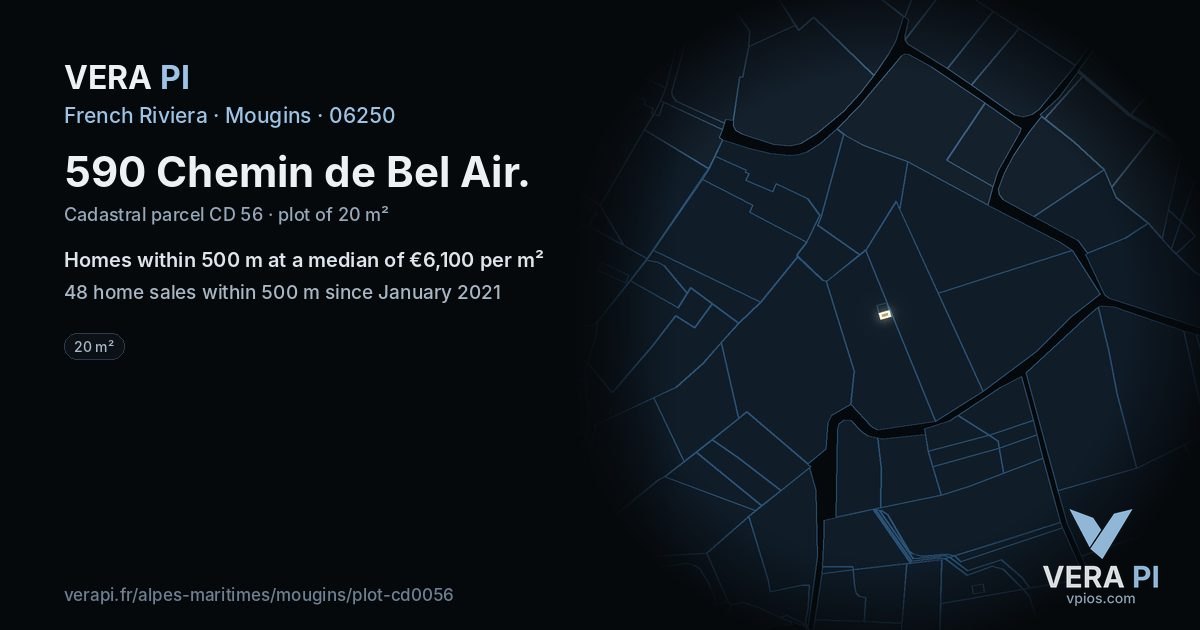 590 Chemin de Bel Air, Mougins at night – the plot lit, the parcels around coloured by the prices near them