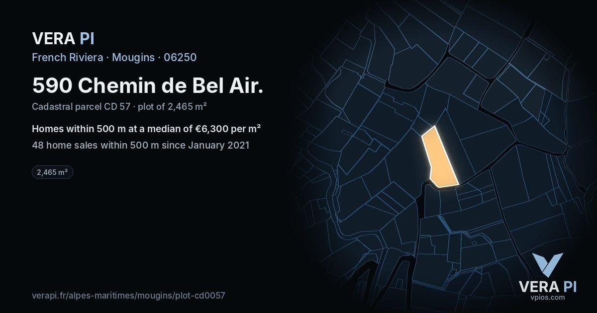 590 Chemin de Bel Air, Mougins at night – the plot lit, the parcels around coloured by the prices near them