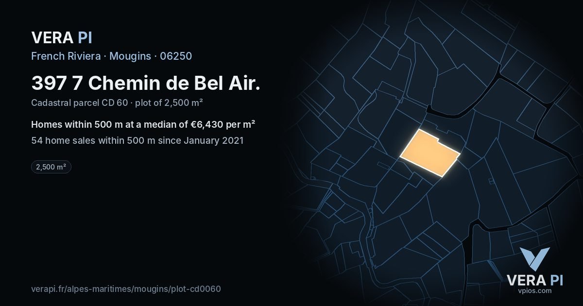397 7 Chemin de Bel Air, Mougins at night – the plot lit, the parcels around coloured by the prices near them