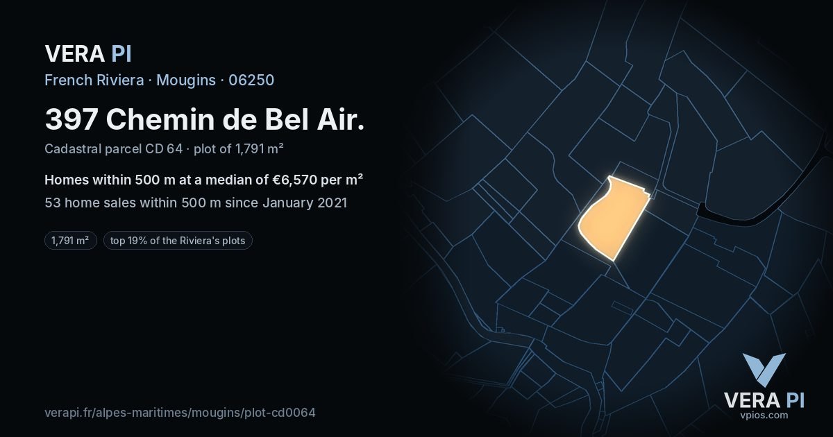 397 Chemin de Bel Air, Mougins at night – the plot lit, the parcels around coloured by the prices near them