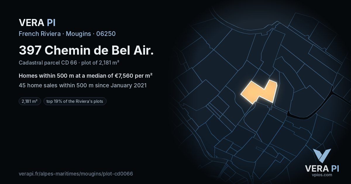 397 Chemin de Bel Air, Mougins at night – the plot lit, the parcels around coloured by the prices near them
