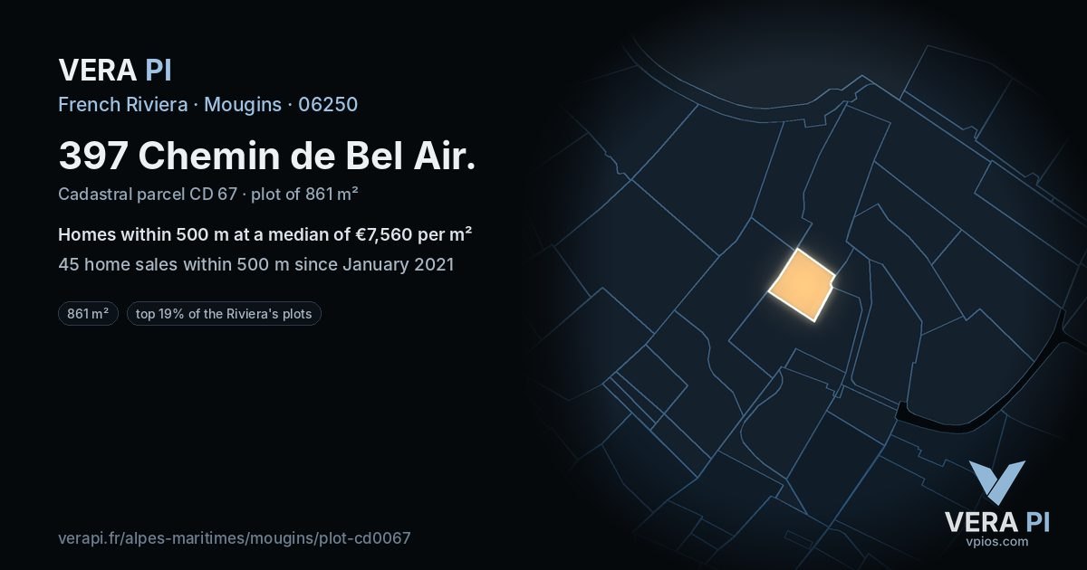 397 Chemin de Bel Air, Mougins at night – the plot lit, the parcels around coloured by the prices near them
