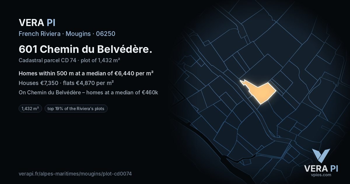 601 Chemin du Belvédère, Mougins at night – the plot lit, the parcels around coloured by the prices near them
