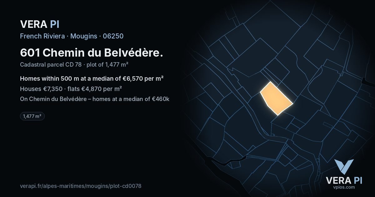 601 Chemin du Belvédère, Mougins at night – the plot lit, the parcels around coloured by the prices near them