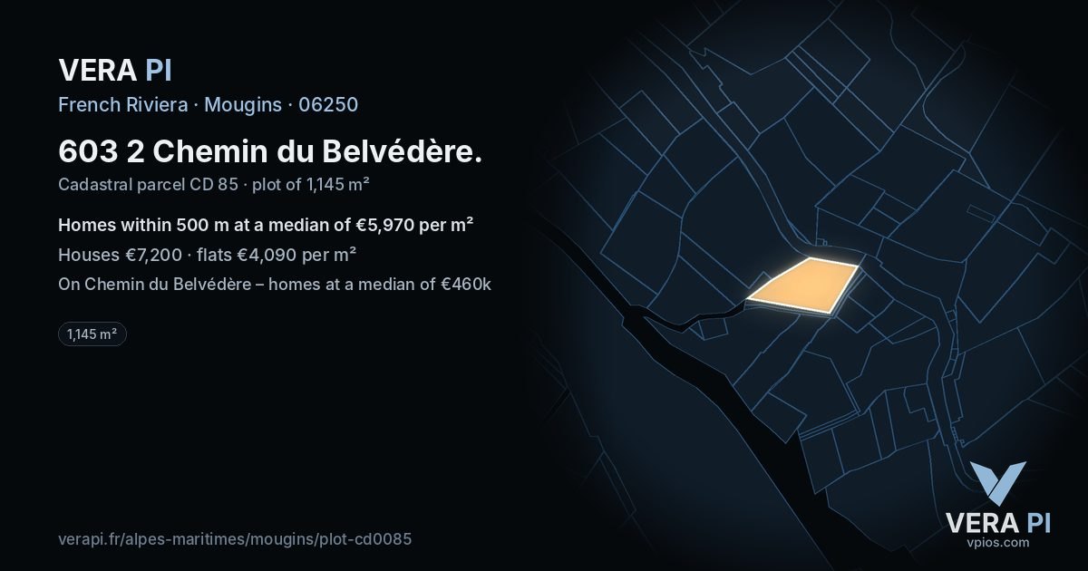 603 2 Chemin du Belvédère, Mougins at night – the plot lit, the parcels around coloured by the prices near them