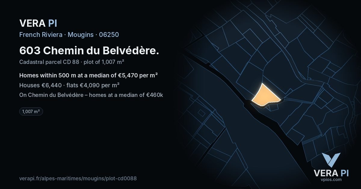 603 Chemin du Belvédère, Mougins at night – the plot lit, the parcels around coloured by the prices near them