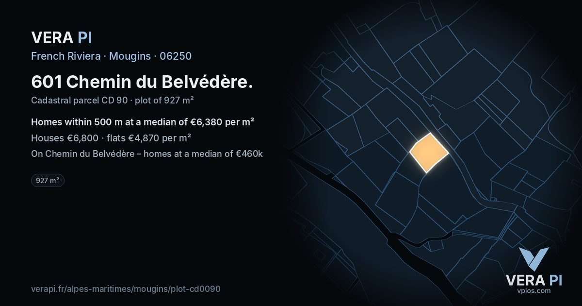 601 Chemin du Belvédère, Mougins at night – the plot lit, the parcels around coloured by the prices near them