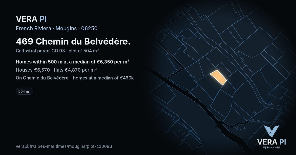 469 Chemin du Belvédère, Mougins at night – the plot lit, the parcels around coloured by the prices near them