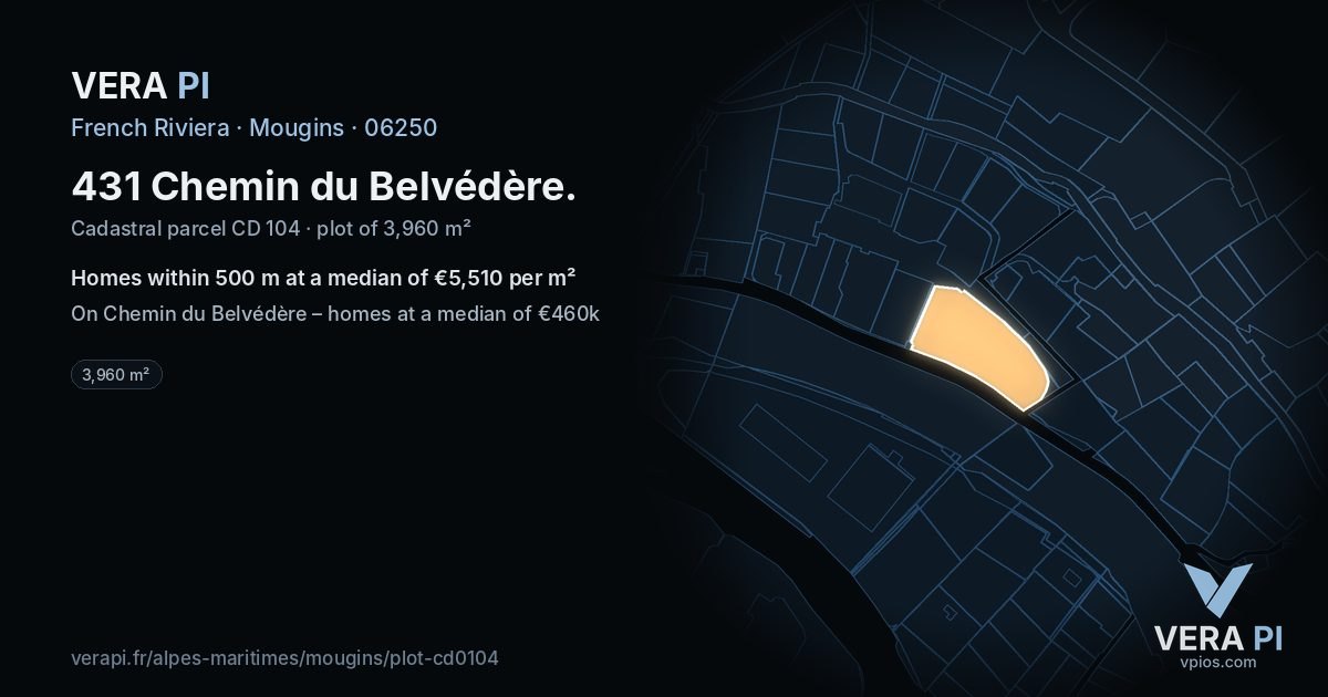 431 Chemin du Belvédère, Mougins at night – the plot lit, the parcels around coloured by the prices near them