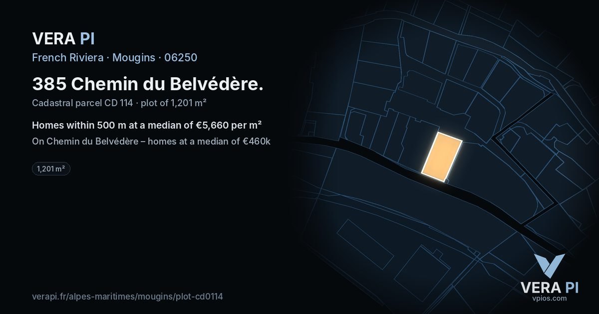 385 Chemin du Belvédère, Mougins at night – the plot lit, the parcels around coloured by the prices near them