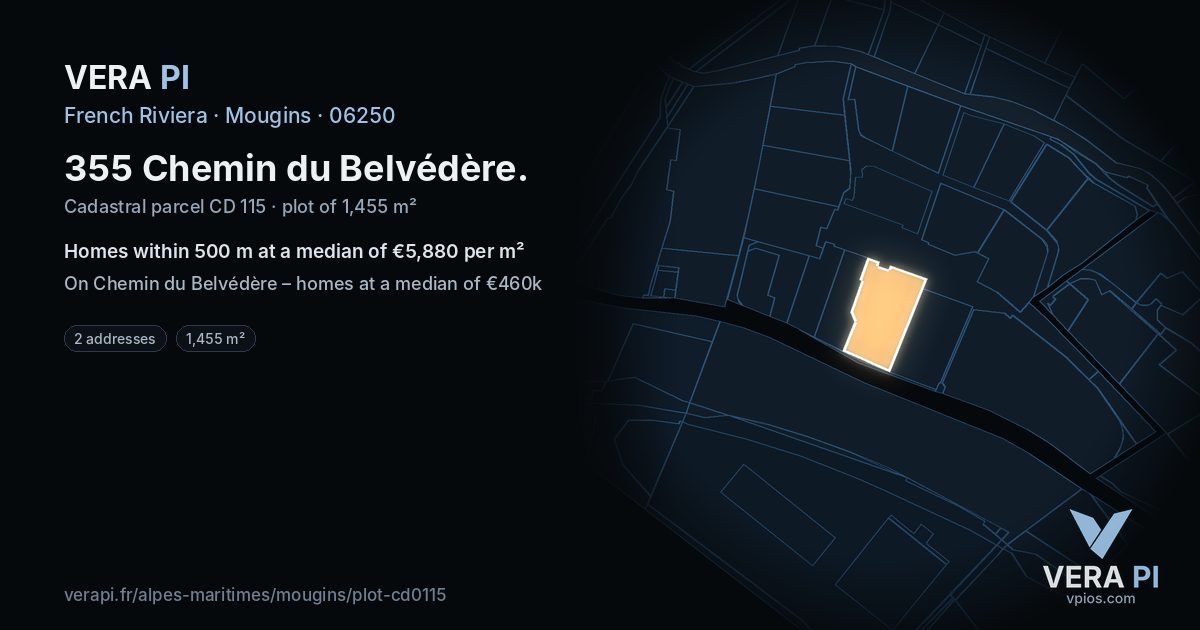 355 Chemin du Belvédère, Mougins at night – the plot lit, the parcels around coloured by the prices near them
