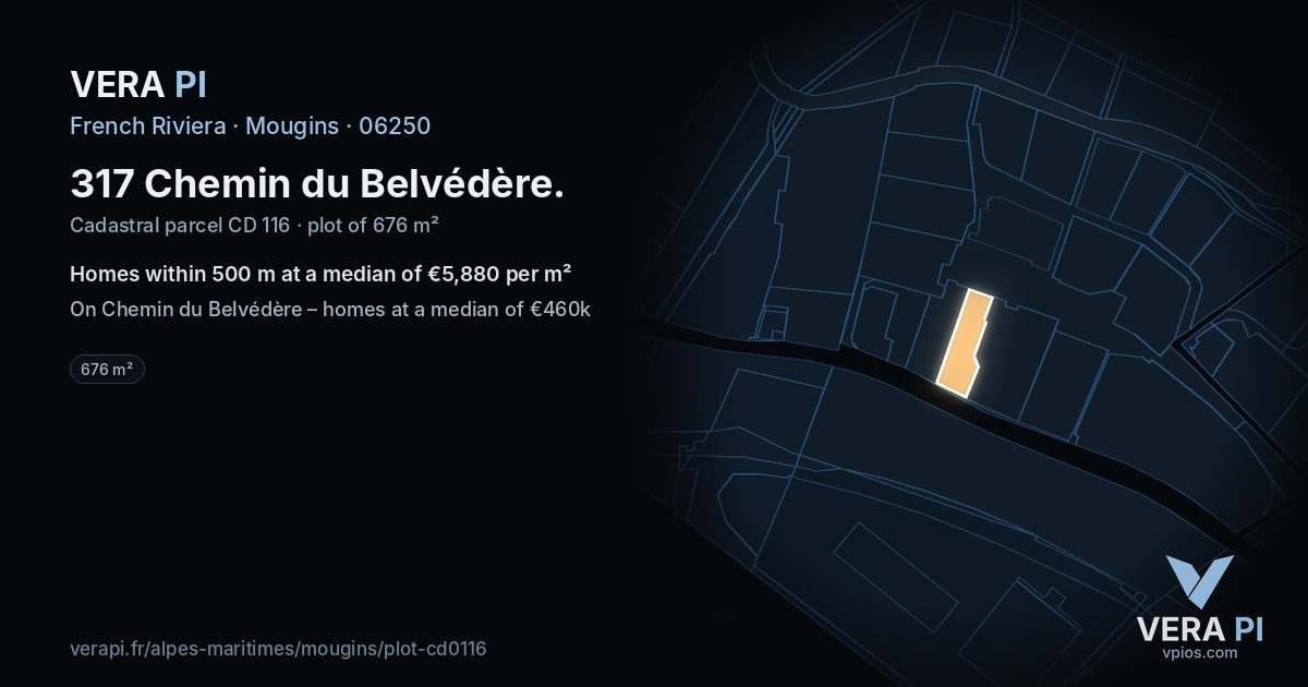 317 Chemin du Belvédère, Mougins at night – the plot lit, the parcels around coloured by the prices near them