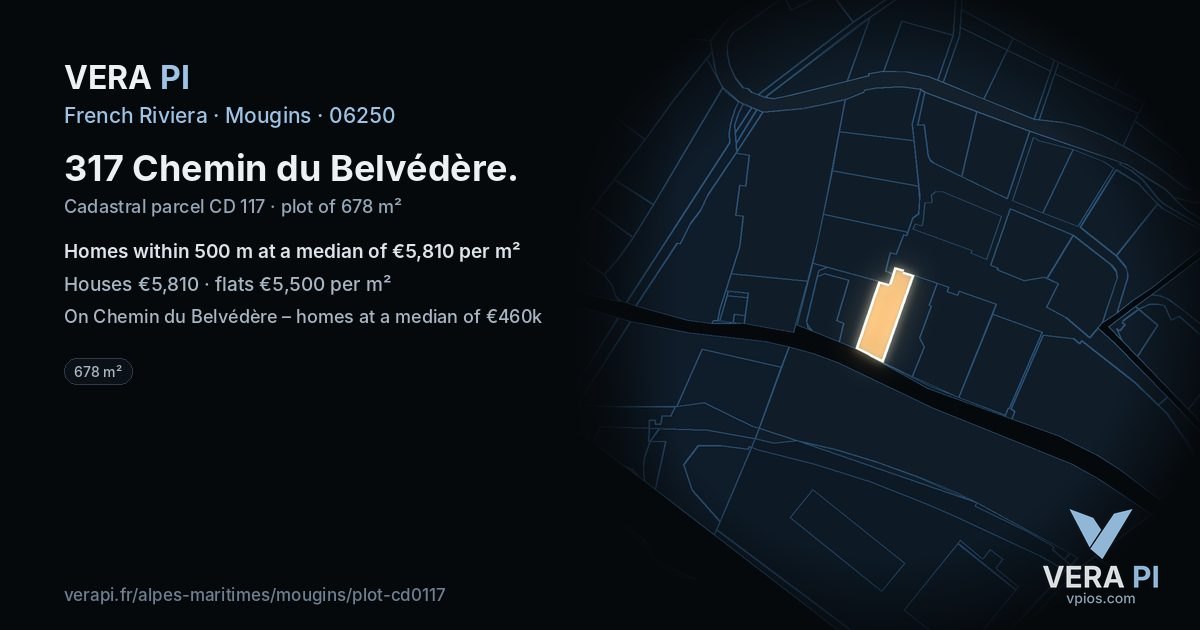 317 Chemin du Belvédère, Mougins at night – the plot lit, the parcels around coloured by the prices near them
