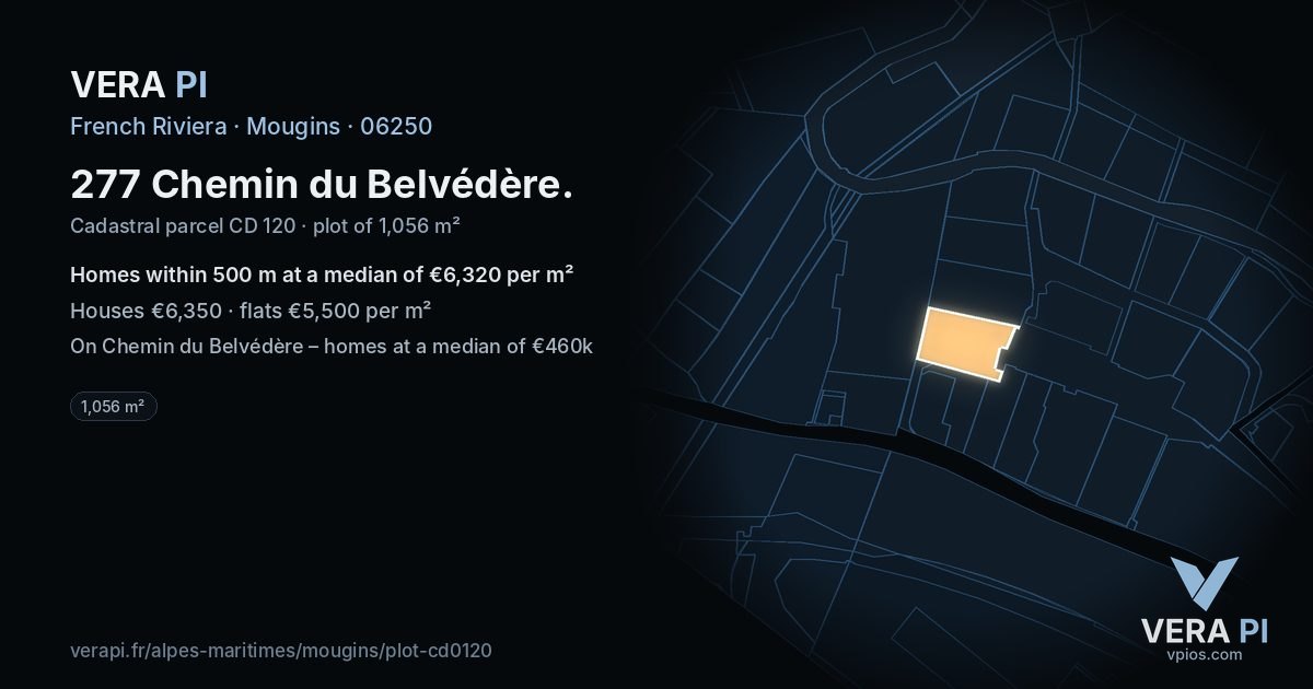277 Chemin du Belvédère, Mougins at night – the plot lit, the parcels around coloured by the prices near them
