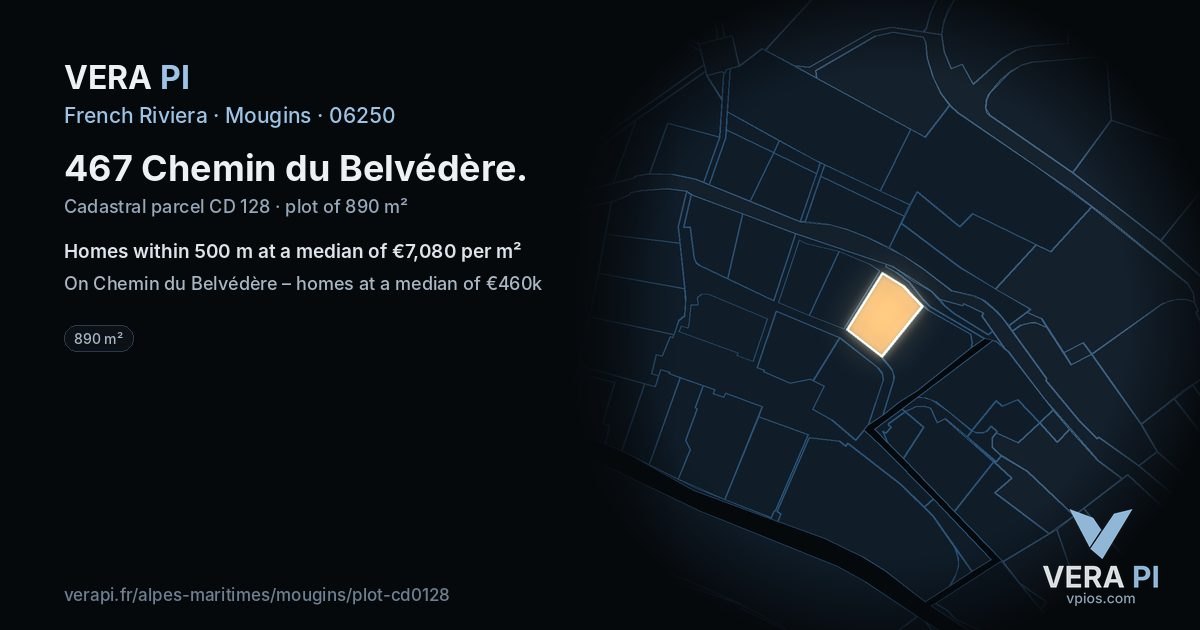 467 Chemin du Belvédère, Mougins at night – the plot lit, the parcels around coloured by the prices near them