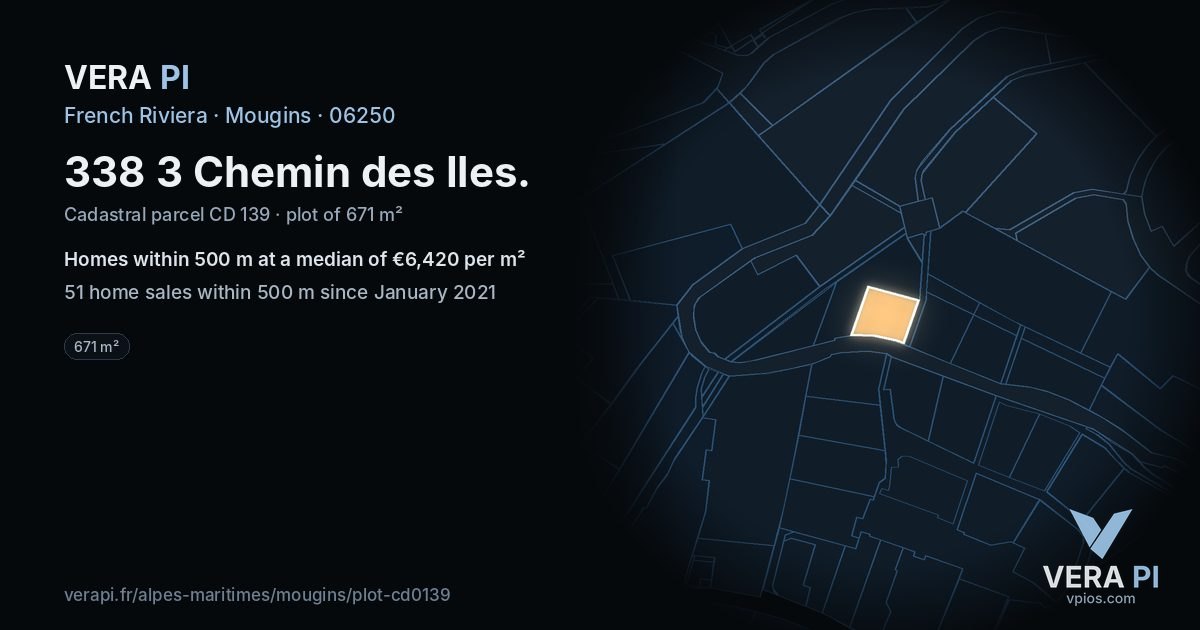 338 3 Chemin des Iles, Mougins at night – the plot lit, the parcels around coloured by the prices near them