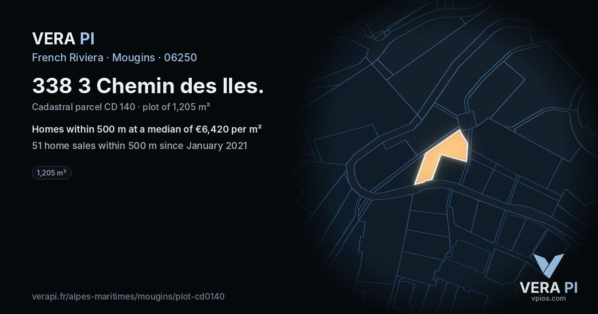 338 3 Chemin des Iles, Mougins at night – the plot lit, the parcels around coloured by the prices near them