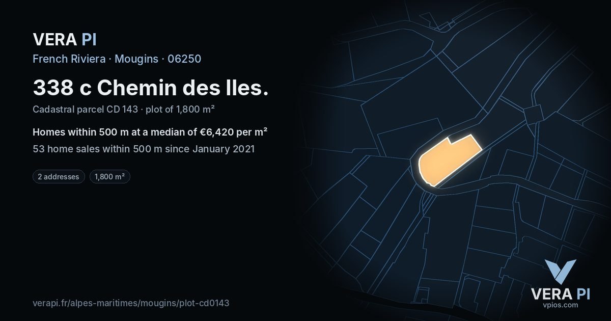 338 c Chemin des Iles, Mougins at night – the plot lit, the parcels around coloured by the prices near them