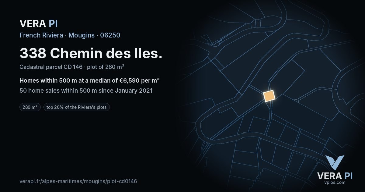 338 Chemin des Iles, Mougins at night – the plot lit, the parcels around coloured by the prices near them