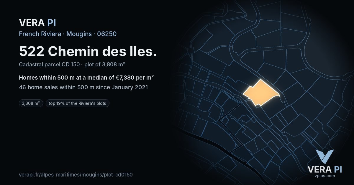 522 Chemin des Iles, Mougins at night – the plot lit, the parcels around coloured by the prices near them
