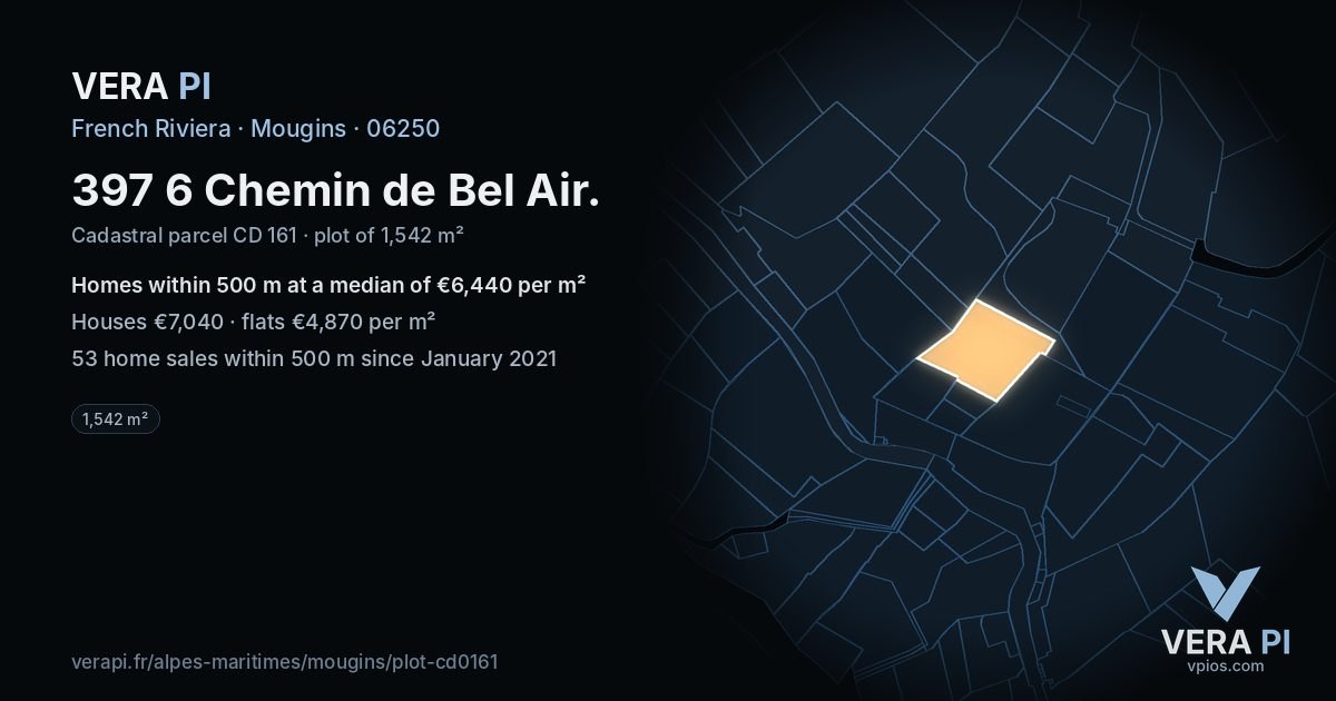 397 6 Chemin de Bel Air, Mougins at night – the plot lit, the parcels around coloured by the prices near them