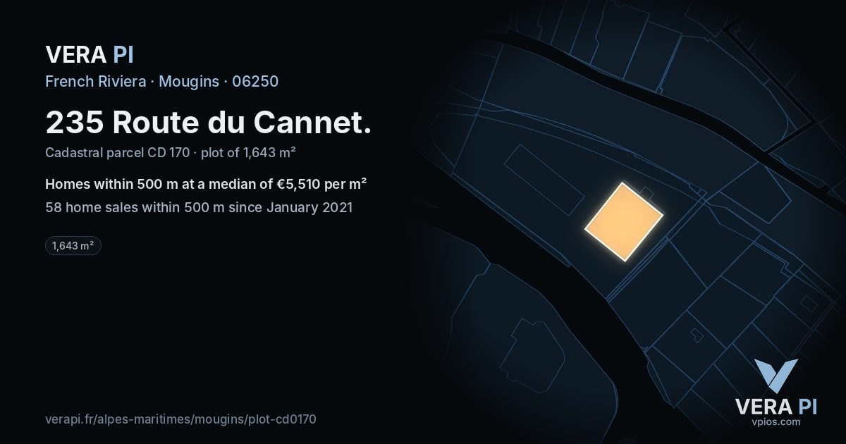 235 Route du Cannet, Mougins at night – the plot lit, the parcels around coloured by the prices near them