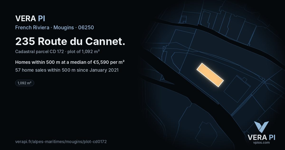 235 Route du Cannet, Mougins at night – the plot lit, the parcels around coloured by the prices near them
