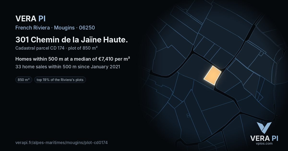 301 Chemin de la Jaïne Haute, Mougins at night – the plot lit, the parcels around coloured by the prices near them