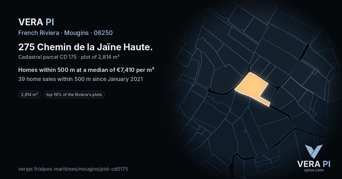 275 Chemin de la Jaïne Haute, Mougins at night – the plot lit, the parcels around coloured by the prices near them