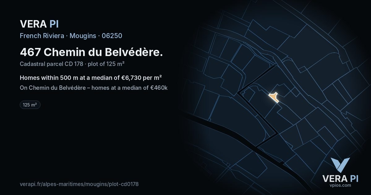 467 Chemin du Belvédère, Mougins at night – the plot lit, the parcels around coloured by the prices near them