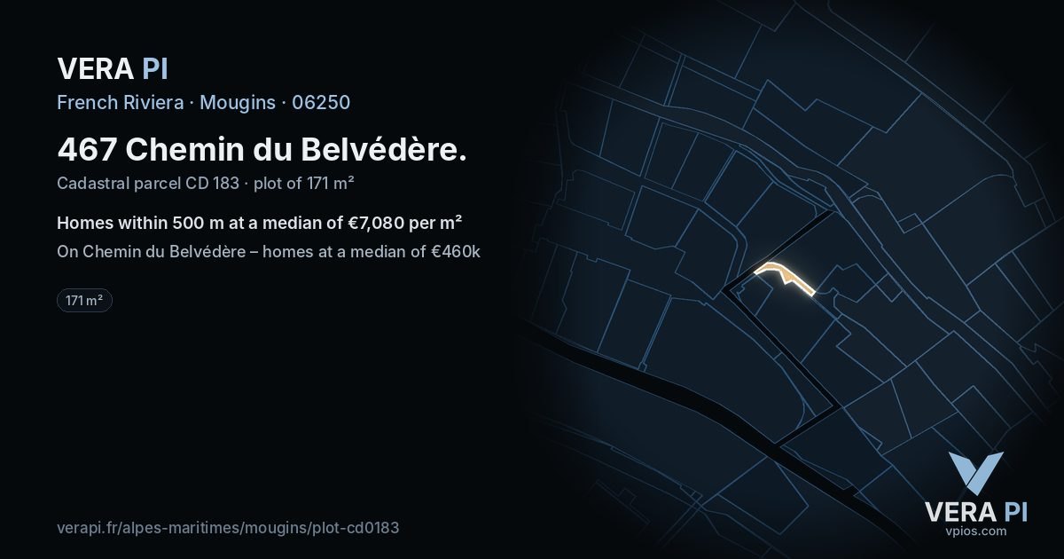 467 Chemin du Belvédère, Mougins at night – the plot lit, the parcels around coloured by the prices near them