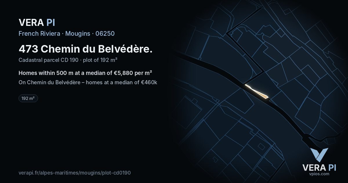 473 Chemin du Belvédère, Mougins at night – the plot lit, the parcels around coloured by the prices near them