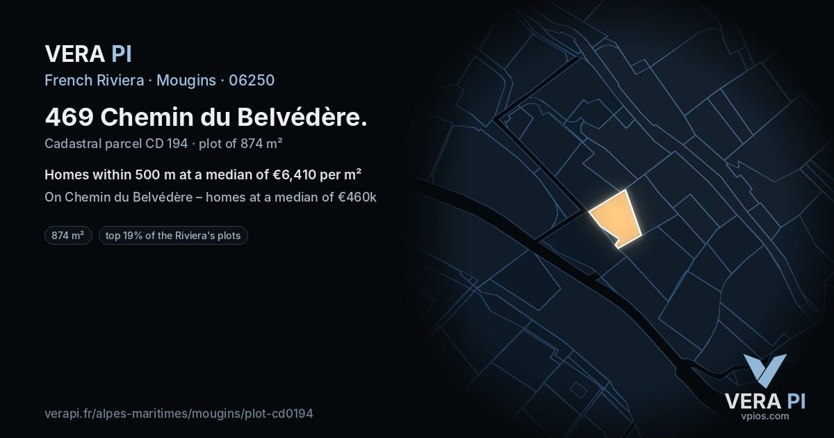 469 Chemin du Belvédère, Mougins at night – the plot lit, the parcels around coloured by the prices near them