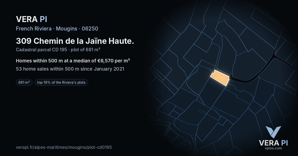 309 Chemin de la Jaïne Haute, Mougins at night – the plot lit, the parcels around coloured by the prices near them